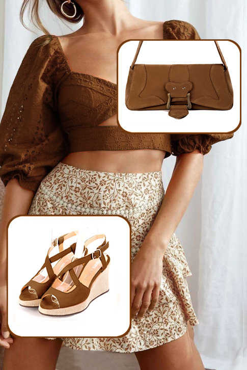 Women's caramel brown elegant cross straps sandals. .  - Worn view
